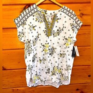 $89 NWT Liverpool Los Angeles S Olive/White Floral Geo Split Neck Top Blouse
